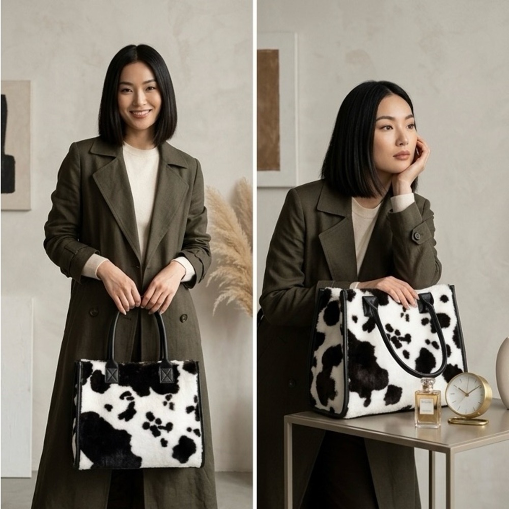 Black & White Cow Print Plush Handbag - Cute Fluffy Statement Tote